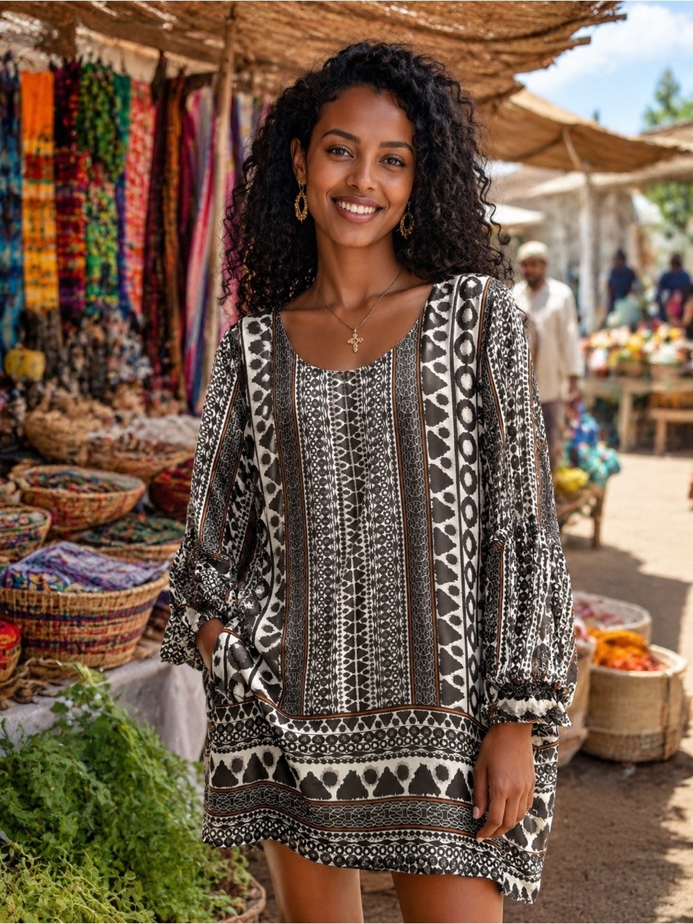 Boho Printed Bell-Sleeve Dress